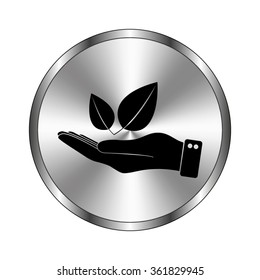 hand hold leaf - vector icon;  metal button