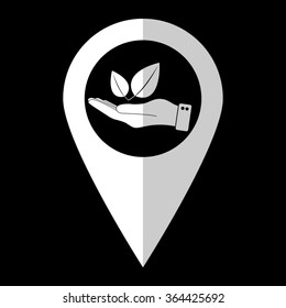 hand hold leaf - white vector icon;  map pointer
