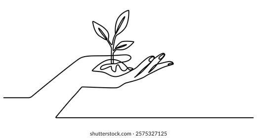 Hand hold leaves branch continuous line drawing. Plant in human arm one line art. Vector illustration isolated on white, Sprout in Hands Continuous Line Icon, Single continuous line of hands holding. 