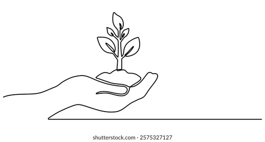 Hand hold leaves branch continuous line drawing. Plant in human arm one line art. Vector illustration isolated on white, Sprout in Hands Continuous Line Icon, Single continuous line of hands holding. 
