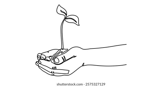 Hand hold leaves branch continuous line drawing. Plant in human arm one line art. Vector illustration isolated on white, Sprout in Hands Continuous Line Icon, Single continuous line of hands holding. 