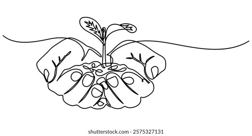 Hand hold leaves branch continuous line drawing. Plant in human arm one line art. Vector illustration isolated on white, Sprout in Hands Continuous Line Icon, Single continuous line of hands holding. 