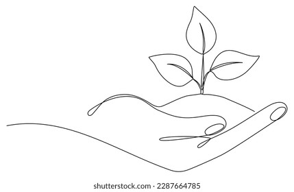 Hand hold leaves continuous line drawing. Plant branch in human arm one line art. Vector illustration isolated on white.