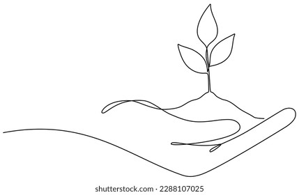 Hand hold leaves continuous line drawing. Plant branch in human arm one line art. Vector illustration isolated on white.