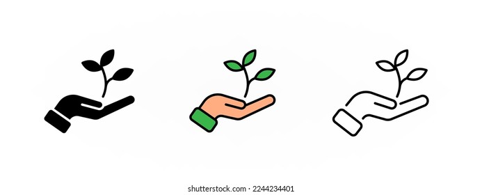 Hand hold leaves simple line illustration, eco conceptual icon