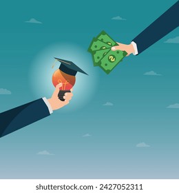 Hand hold light bulb with graduation cap and money vector 