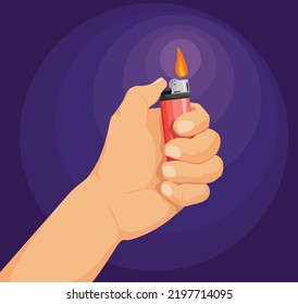 Hand hold lighter. Smoker arm holding lighters for burn fire cigarette or matchstick, pyromaniac man finger light smoke flame using tobacco drug, isolated vector illustration. Lighter flammable burn