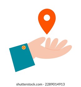 Hand hold location symbol. Office worker with travel sign on the palm. GPS navigation concept. Business icon vector flat illustration set.
