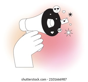 Hand hold loudspeaker or megaphone isolated on white background. Special offer announcement, referrals or referral program concept. Refer a friend or refer and earn. Bonus program vector illustration.