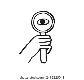 Hand hold loupe and look through. Vector illustration for search engine or research, web surfing, seo. Doodle outline vector crayon charcoal ink element for web, ui or application design.