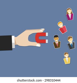 Hand Hold Magnet Attract Customer In Flat Design  . Vector Illustration . 