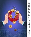 hand hold magnet bitcoin pulling. Computer mining communication support, crypto currency concept flat design vector illustration