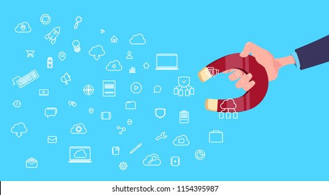 hand hold magnet communication data cloud internet synchronization icon pulling. network processing concept over blue background flat design vector illustration