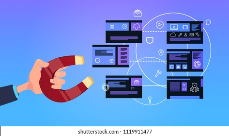 hand hold magnet over data privacy computing center with hosting servers infographic, network and database flat vector illustration