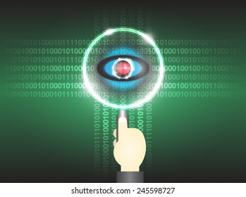 Hand hold magnifier and virus in data.