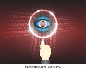 Hand hold magnifier and virus in data.
