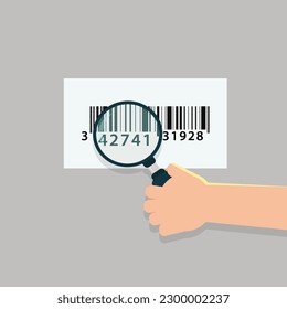 Hand hold magnifying glass with barcode. Product identification concept vector illustration