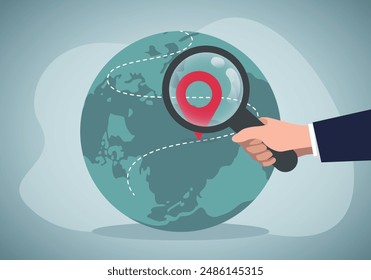 Hand Hold Magnifying Glass Over World Map Searching Place For Route or Vacation Gps Pin Vector Illustration. Business strategy.