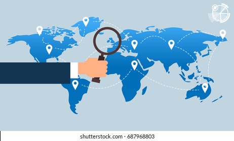 Hand Hold Magnifying Glass Over World Map Searching Place For Vacation Gps Pin Vector Illustration