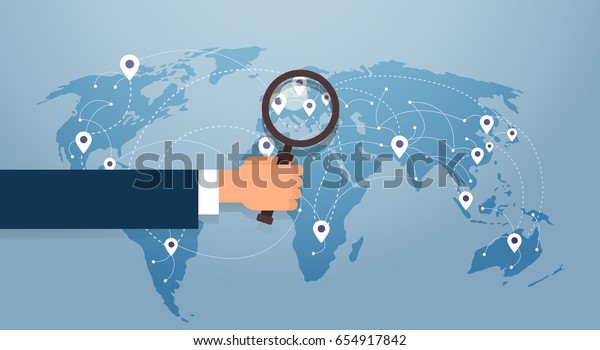 Hand Hold Magnifying Glass\
Over World Map Searching Place For Vacation Gps Pin Vector\
Illustration