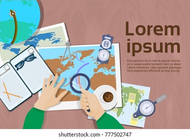 Hand Hold Magnifying Glass Study Maps Top Angle View Of Workplace Geography And Cartography Concept Flat Vector Illustration