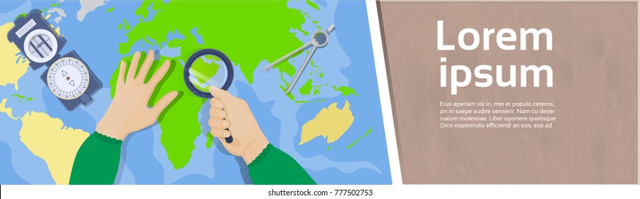 Hand Hold Magnifying Glass Study Maps Top Angle View Of Workplace Geography And Cartography Concept Horizontal Banner Flat Vector Illustration