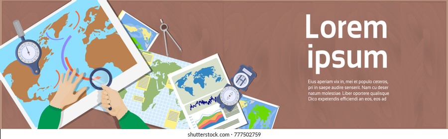 Hand Hold Magnifying Glass Study Maps Top Angle View Of Workplace Geography And Cartography Concept Horizontal Banner Flat Vector Illustration