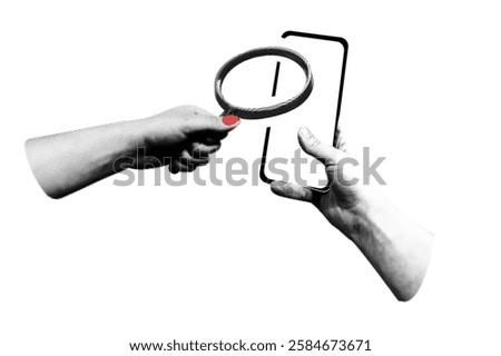hand hold magnifying glass while another hand grips a smartphone collage cut out monochrome halftone element isolated on transparent background