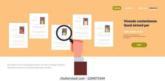 hand hold magnifying zoom cv resume choosing indian people candidate for vacancy job position recruitment concept flat copy space banner vector illustration