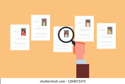 hand hold magnifying zoom cv resume choosing indian people candidate for vacancy job position recruitment concept flat banner vector illustration