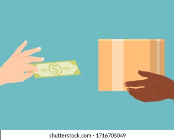 Hand hold mail package, palm keep cash money concept delivery isolated on blue, flat vector illustration. Transportation express procurement post, mail service supply important cargo.