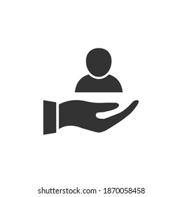 Hand hold man icon. Customer service support. Safe person concept. People and arm black silhouette symbol. Vector help illustration isolated on white