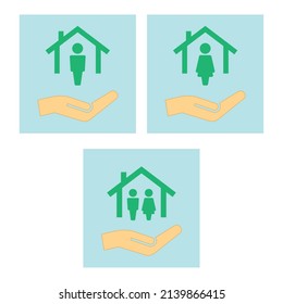 Hand hold man and waman people in house icon set