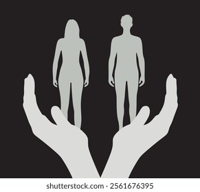 Hand hold man and woman silhouette. vector