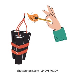 Hand hold matches and set fire to bomb concept. Vector flat graphic design illustration