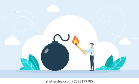 Hand hold matches and set fire to bomb concept. Emotional stress, anger and impulsive emotions, holding a burning match in hand to light the bomb. Vector illustration