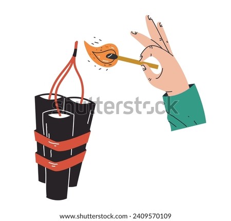 Hand hold matches and set fire to bomb concept. Vector flat graphic design illustration