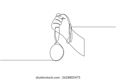 Hand hold medal continuous line drawing. Achievement, Hand holding trophy continuously drawing one line symbol of achievement, winner and success of the competition.