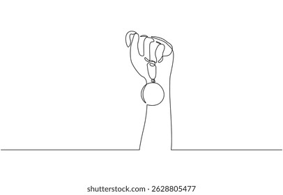 Hand hold medal continuous line drawing. Achievement, Hand holding trophy continuously drawing one line symbol of achievement, winner and success of the competition.