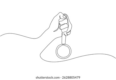 Hand hold medal continuous line drawing. Achievement, Hand holding trophy continuously drawing one line symbol of achievement, winner and success of the competition.