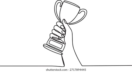 Hand hold medal continuous line drawing. Achievement, Hand holding trophy continuously drawing one line symbol of achievement. one line Icon drawing
