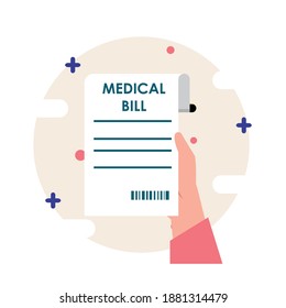 Hand hold a medical bill flat illustrations, healthcare app