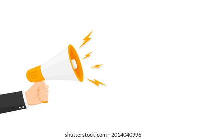 Mano con megáfono. Atención, por favor. Altavoz, altavoz. Símbolo de publicidad y promoción. estilo de dibujos animados. Concepto de marketing en medios sociales. Diseño plano de ilustración vectorial.