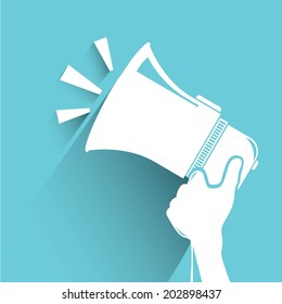 hand hold megaphone, blue shadow and flat theme