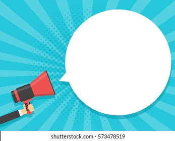 Hand hold megaphone comic retro background with bubble. Vector illustration.