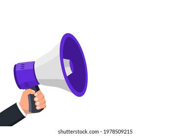 Hand hold megaphone with copy space . Megaphone. Loudspeaker, speaker, bullhorn alert. Advertising and business promotion symbol, social media marketing concept. Advertising through speakers
