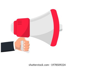 Hand hold megaphone with copy space . Megaphone. Loudspeaker, speaker, bullhorn alert. Advertising and business promotion symbol, social media marketing concept. Advertising through speakers