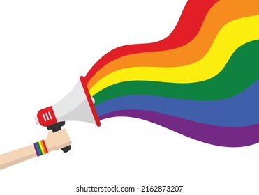 hand hold megaphone with lgbt rainbow. loudspeaker happy pride month. people freedom in love. vector illustration in flat style. isolated on white background. 