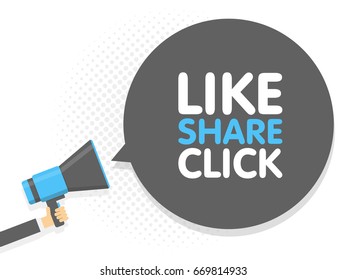 Hand Hold Megaphone. Like Share Click Text In Bubble. Vector Illustration Comic Retro Background.