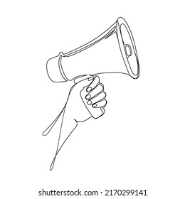 Hand hold megaphone Line art vector illustration. Marketing concept.loudspeaker with lightning.Symbols Speaker, Social media, Advertising and promotion.Minimalist art design